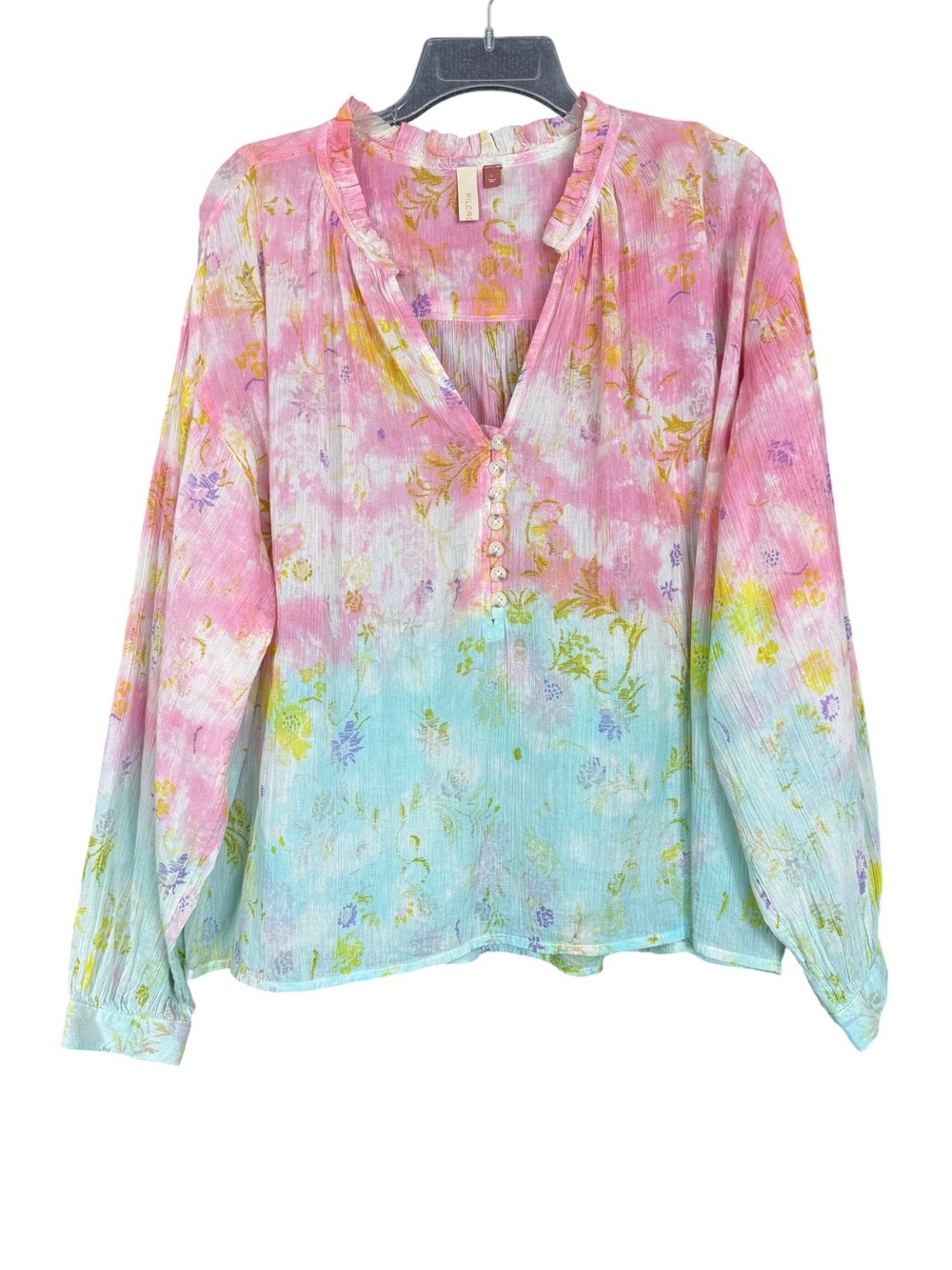 Pilcro Anthropologie Pink Blue Crinkle Gauze Henley Top Balloon Sleeve L - Picture 3 of 13